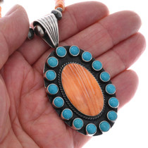Spiny Oyster Shell Turquoise Sterling Pendant Navajo Beaded Necklace 0343