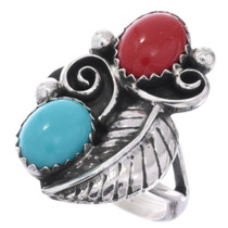 Navajo Sterling Silver Turquoise Coral Ring 48683