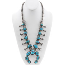 Old Pawn Navajo Sterling Silver Morenci Turquoise Squash Blossom Necklace 48743