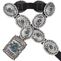 Old Ithaca Peak Turquoise Sterling Concho Belt Traditional Silver Vintage Navajo Full Size 0028