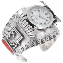 Old Pawn Mediterranean Coral Sterling Silver Watch Bracelet 48815