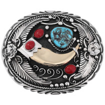 Sterling Silver Turquoise Nugget Coral Gold Bear Claw Belt Buckle 48825