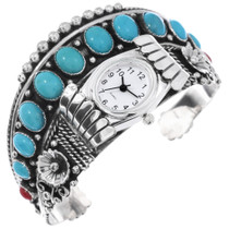 Vintage Navajo Sterling Silver Turquoise Coral Watch 48834