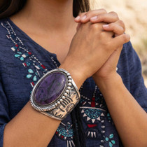 Navajo Heavy Gauge Sterling Silver Cuff Large Genuine Sugilite Stone 48861