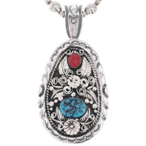 Navajo Sterling Silver Coral Turquoise Pendant 49041