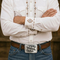 Silver Traditional Hopi Overlay Belt Buckle by Calvin Peterson 0170