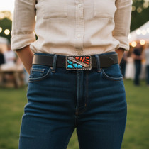 Classic Native American Belt Buckle Vintage Coral Turquoise Stones 49202
