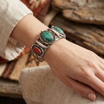 Turquoise Coral Vintage Bracelet Sterling Silver Cuff 0210