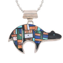Multi Stone Inlay Spirit Bear Pendant Sterling Silver Hallmarked 0878