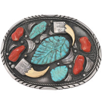 Old Pawn Turquoise Mediterranean Coral Statement Belt Buckle Bear Claw by Frank Ito 4188
