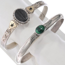 Vintage Zuni Malachite and Trilobite Fossil Cuff Bracelet 49294