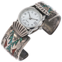 Old Pawn Turquoise Coral Chip Inlay Watch Bracelet Ladies Cuff 0745