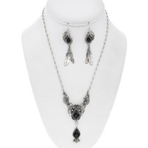 Vintage Navajo Onyx Necklace Earring Set 49416