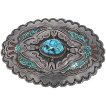 Vintage Navajo Sterling Silver Coral Turquoise Belt Buckle 49481
