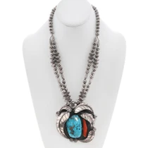 Old Pawn Native American Turquoise Coral Pendant Necklace 49493