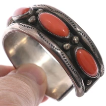 Mediterranean Red Coral Old Pawn Bracelet Cuff Sterling Silver 0586