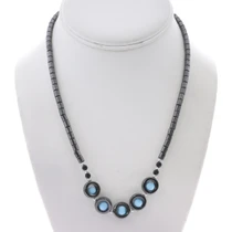 Hematite Bead Necklace With Blue Fiber Optic Bead Accents 50216