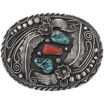 Old Pawn Sterling Silver Coral Turquoise Belt Buckle 49611
