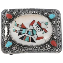 Vintage Zuni Turquoise Coral Rainbow Man Belt Buckle 49612
