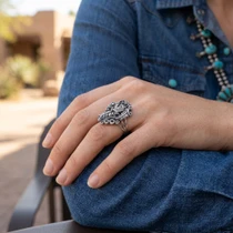 Southwest Native American Sterling Silver Floral Eagle Ring 49641