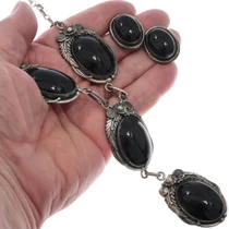 Old Pawn Native American Onyx Link Necklace Matching Earrings 49665