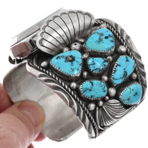 Real Turquoise Nugget Sterling Silver Cuff Bracelet Mens 49699