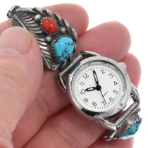 Turquoise Coral Vintage Ladies Watch Tips Sterling Silver 0917