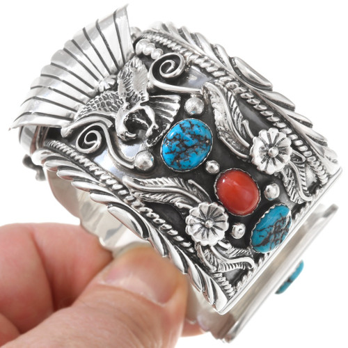 Market Square Jewelers Navajo Turquoise Coral Sterling Silver Watch Band Cuff