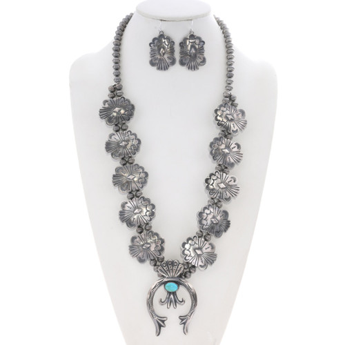 Navajo Silver Concho Squash Blossom Necklace Set 19683