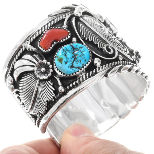 Market Square Jewelers Navajo Turquoise Coral Sterling Silver Watch Band Cuff