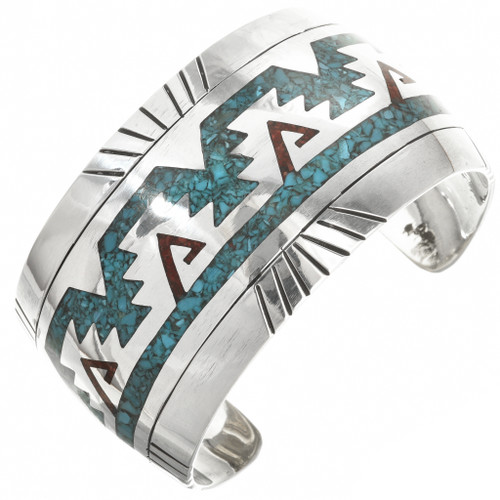Inlaid Turquoise Coral Silver Navajo Cuff 28881