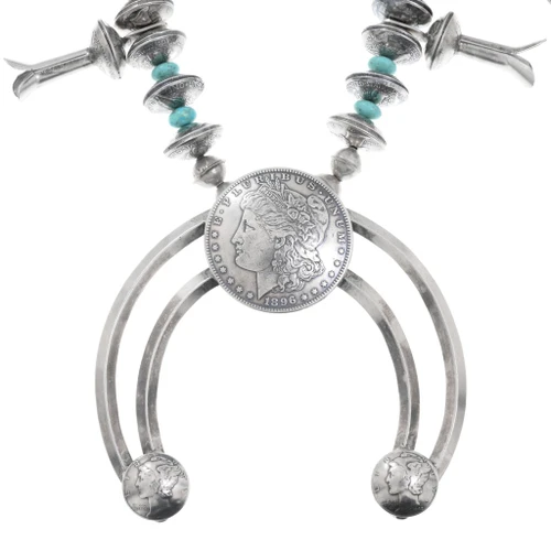 Genuine Morgan Dollar Turquoise Squash Blossom Necklace 24847