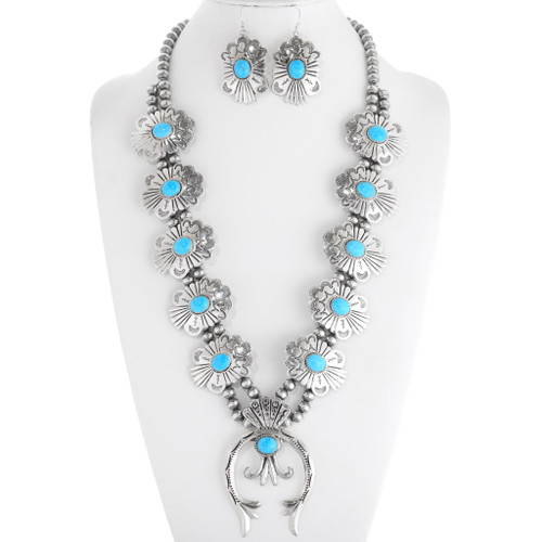 Turquoise Silver Squash Blossom Necklace 28341