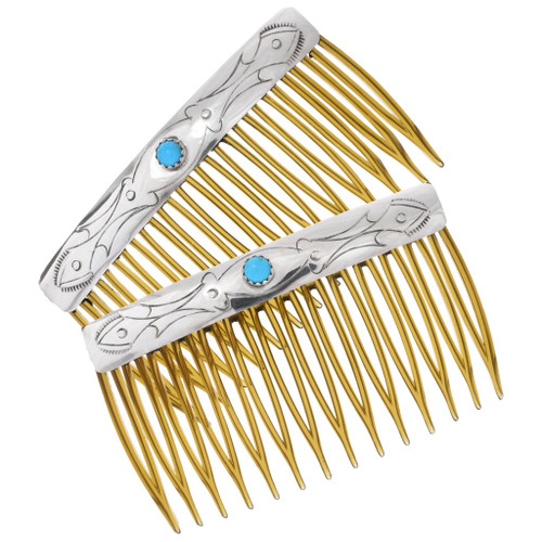 Turquoise Silver Navajo Hair Combs 26798