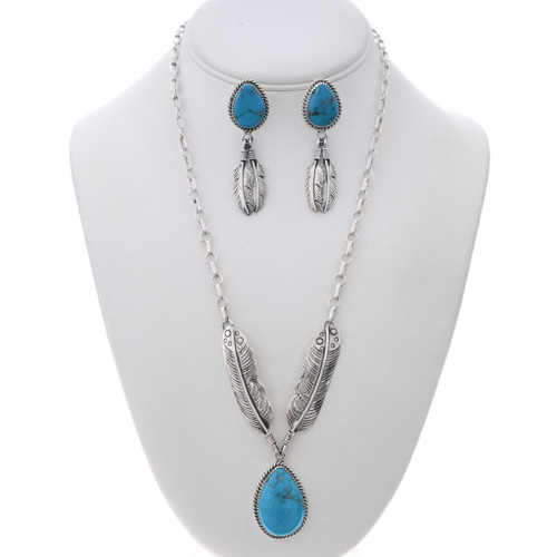 Turquoise Silver Feather Necklace Set 27559