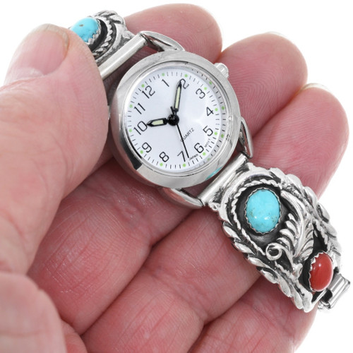 Navajo Turquoise Coral Silver Ladies Watch Sterling Design 24503