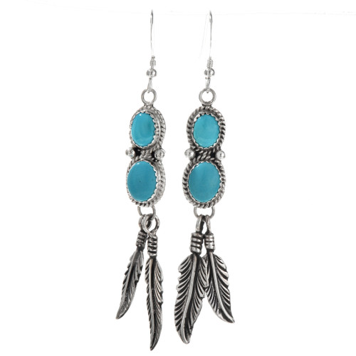 Turquoise Silver Feather Dangle Earrings 29503
