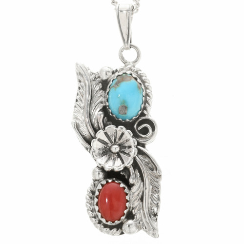 Turquoise Coral Silver Southwest Pendant 29996