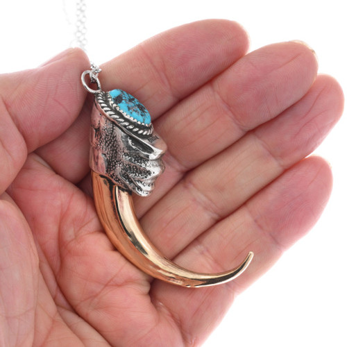 Navajo Turquoise Gold Silver Eagle Claw Pendant With Chain 30525
