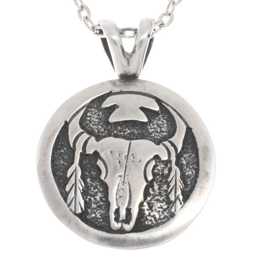Buffalo Skull Feathers Silver Pendant 30753
