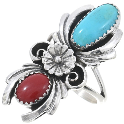 Navajo Turquoise Coral Silver Ladies Ring 32914