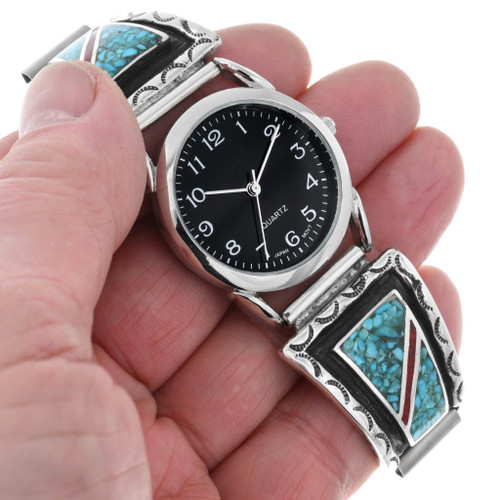 Navajo 925 Silver Tips With Inlaid Coral & Turquoise - Silver Indian Chief Watch Navajo Sterling Silver Watch Tips | Old Pawn Turquoise  main image 2