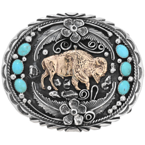 Turquoise Gold Silver Navajo Belt Buckle 31414