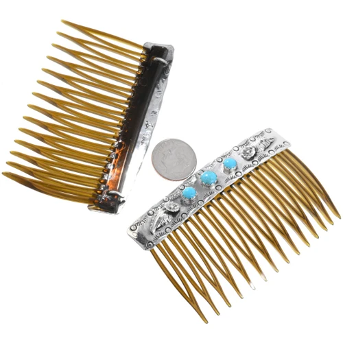 Pretty Sterling Navajo Turquoise Hammered Silver Hair Combs  display picture 1
