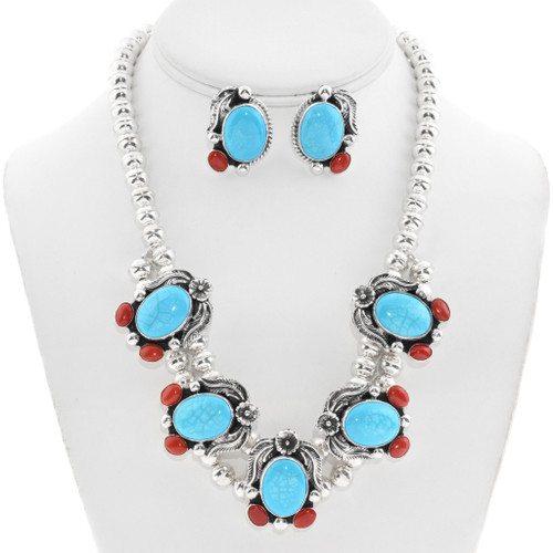 Turquoise Coral Choker Necklace Earrings Set 39686