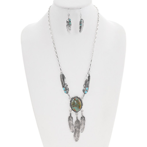 Pretty Genuine Turquoise Silver Ladies Feather Necklace Set 40239