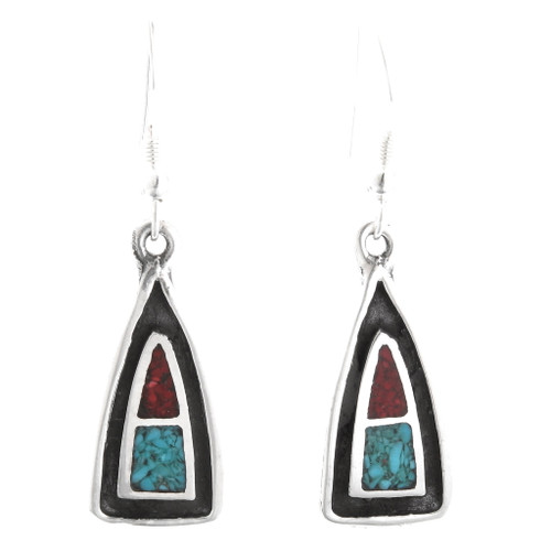 Small Navajo Turquoise Coral Silver Earrings 40287