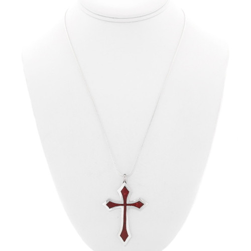 Native American Inlaid Coral Cross Pendant and Chain 40332