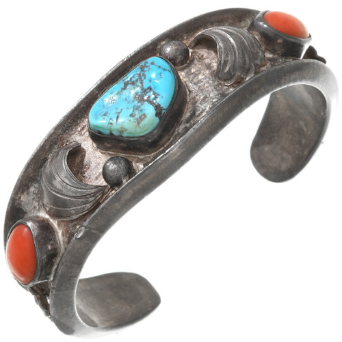 Vintage Navajo Turquoise Coral Silver Bracelet 40755
