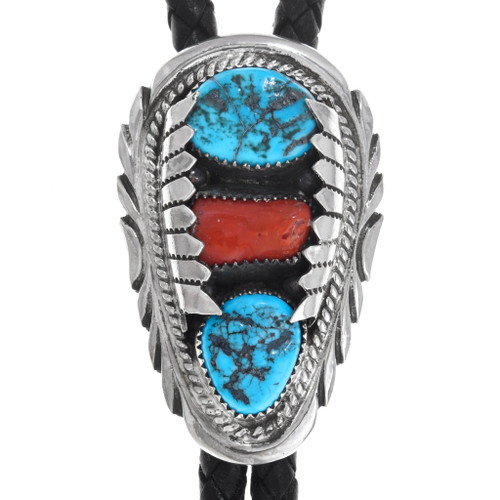 Natural Turquoise Coral Silver Bolo Tie 41309